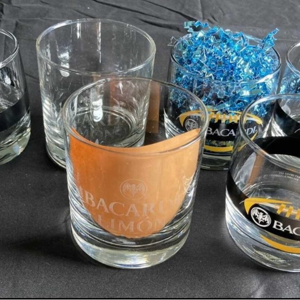 Set of 4 Football Collectors And Set Of 2 Lowball Glass Etched Bat Logo Design